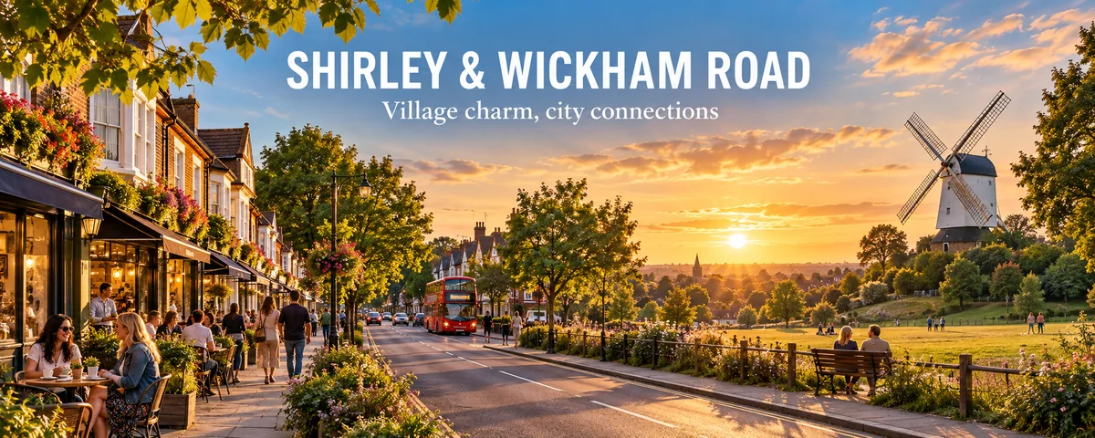 Golden-hour illustration of Shirley and Wickham Road with cafés, a bus and the windmill