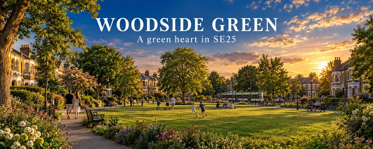 Golden-hour illustration of the Woodside Green parade in SE25