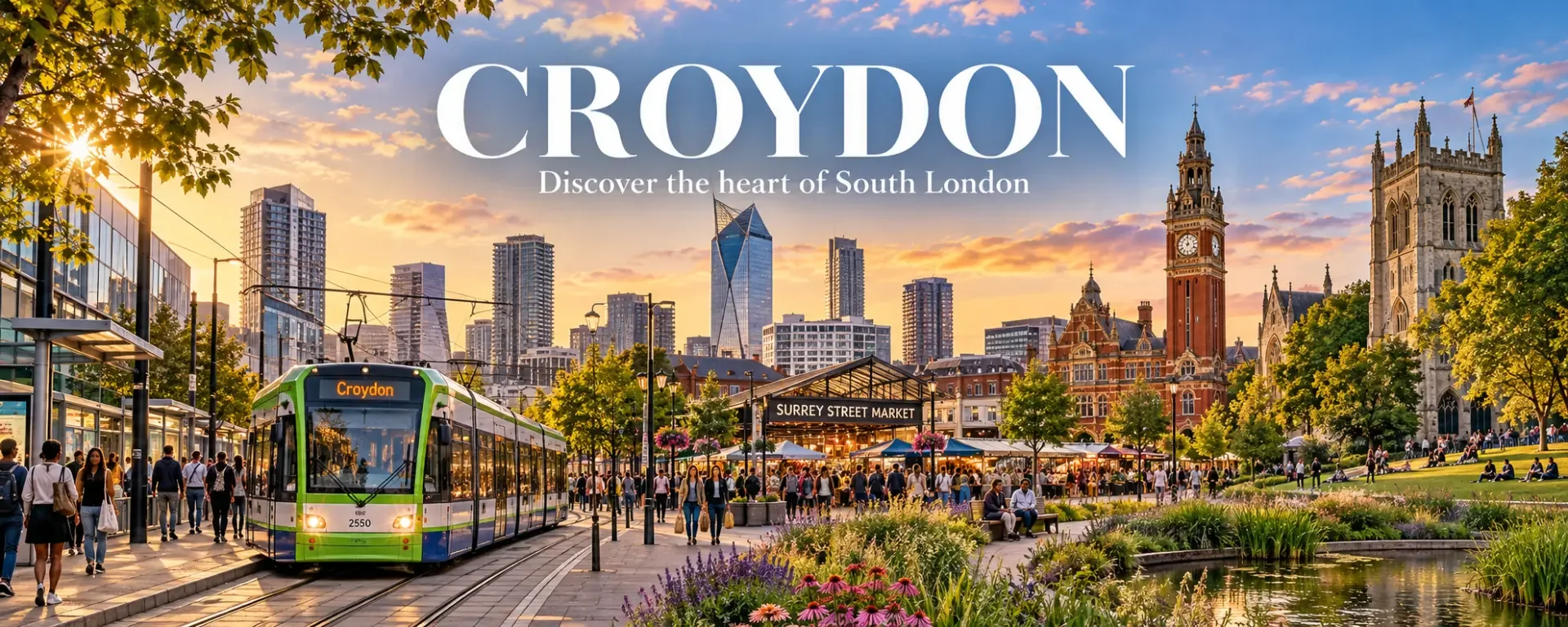 Illustrated Croydon skyline with a tram, Surrey Street Market, the town centre towers and a park