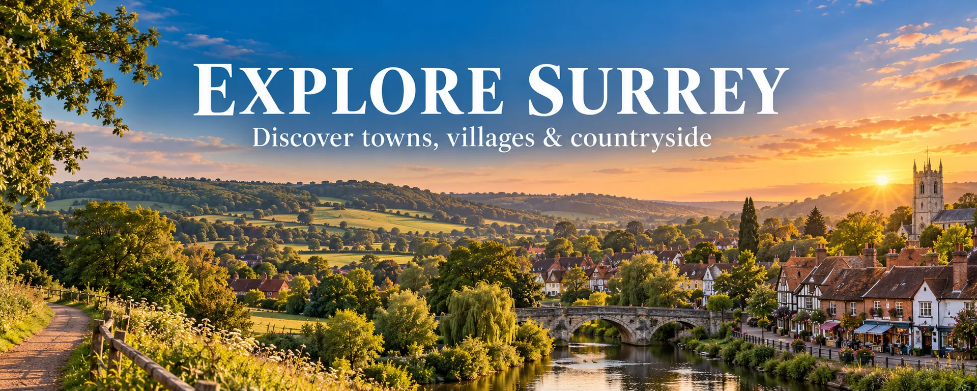 Golden-hour view over a Surrey river town with an old stone bridge, willows and rolling hills at sunset
