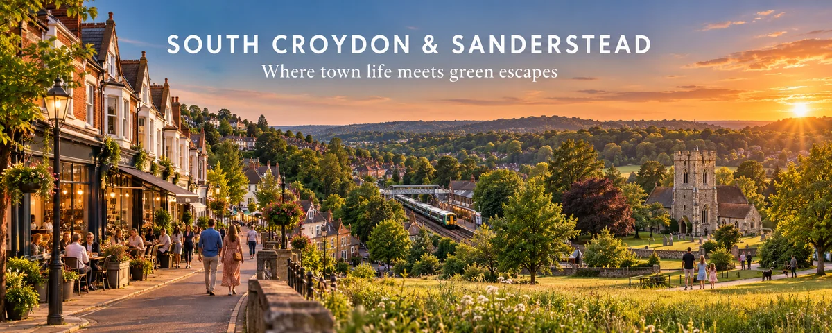 Golden-hour illustration of South Croydon and Sanderstead with a high street, station and church