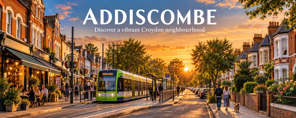Golden-hour illustration of Addiscombe with a tram passing shops and cafés