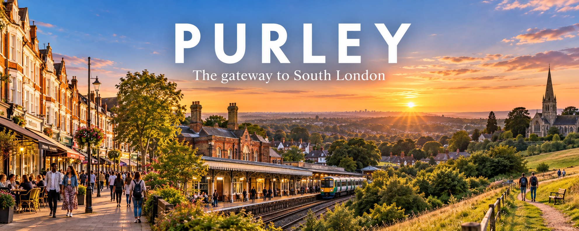 Golden-hour illustration of Purley town centre